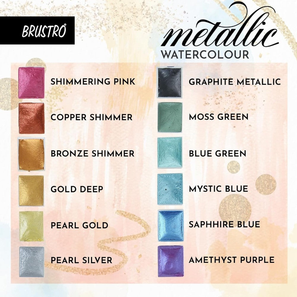 Brustro Metallic Watercolour Set - Semi-Moist Half Pans - Set of 12/14